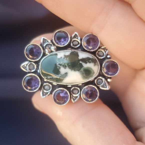 New Tree Agate and Amethyst 925 Silver Statement Ring. - Picture 10 of 16